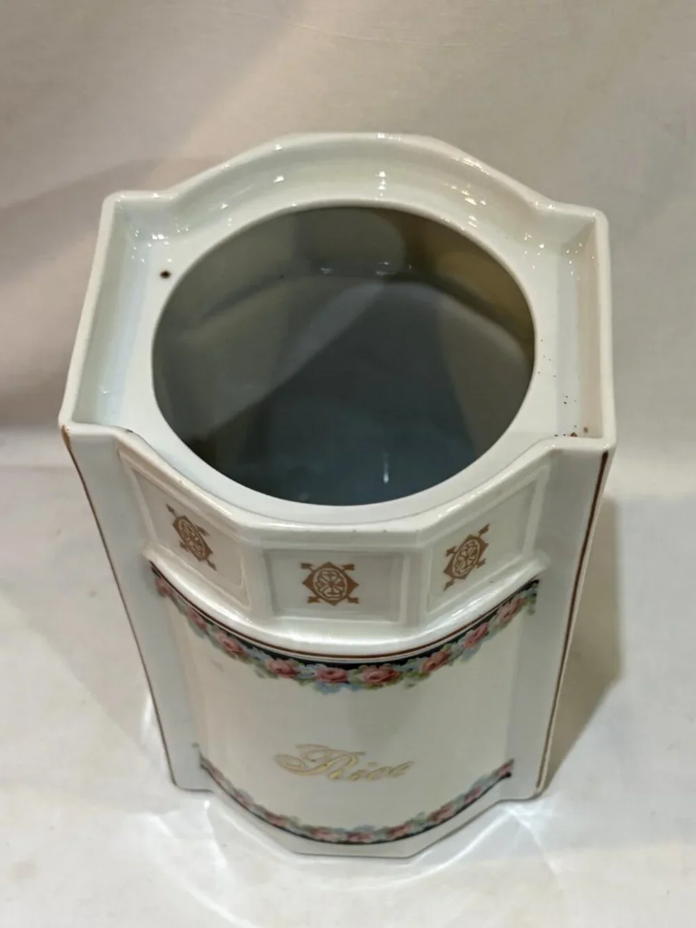 Vintage German Porcelain Rice Canister with Lid Rose Pattern